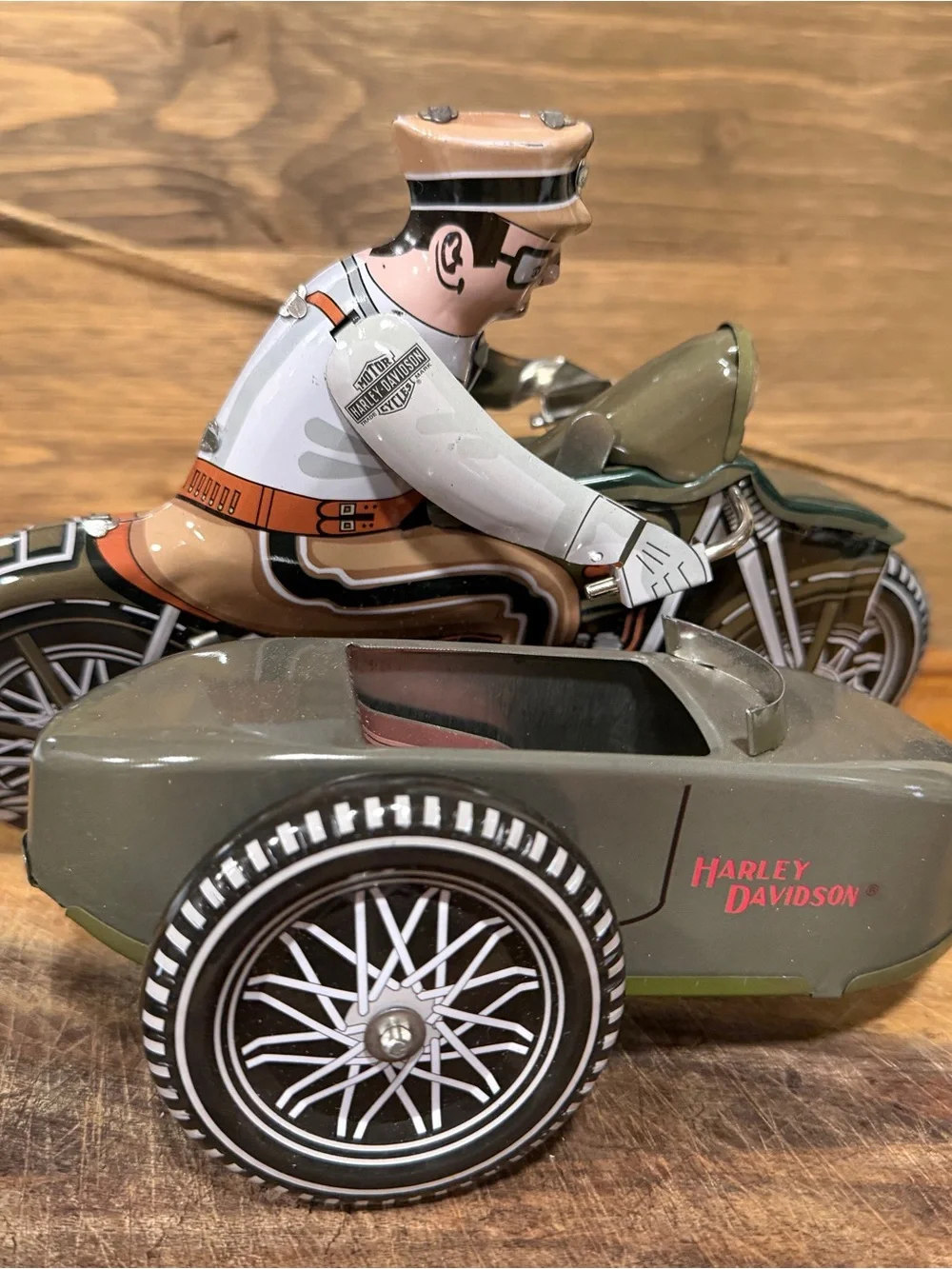 Harley-Davidson Olive Green & Tan Tin Motorcycle with Sidecar